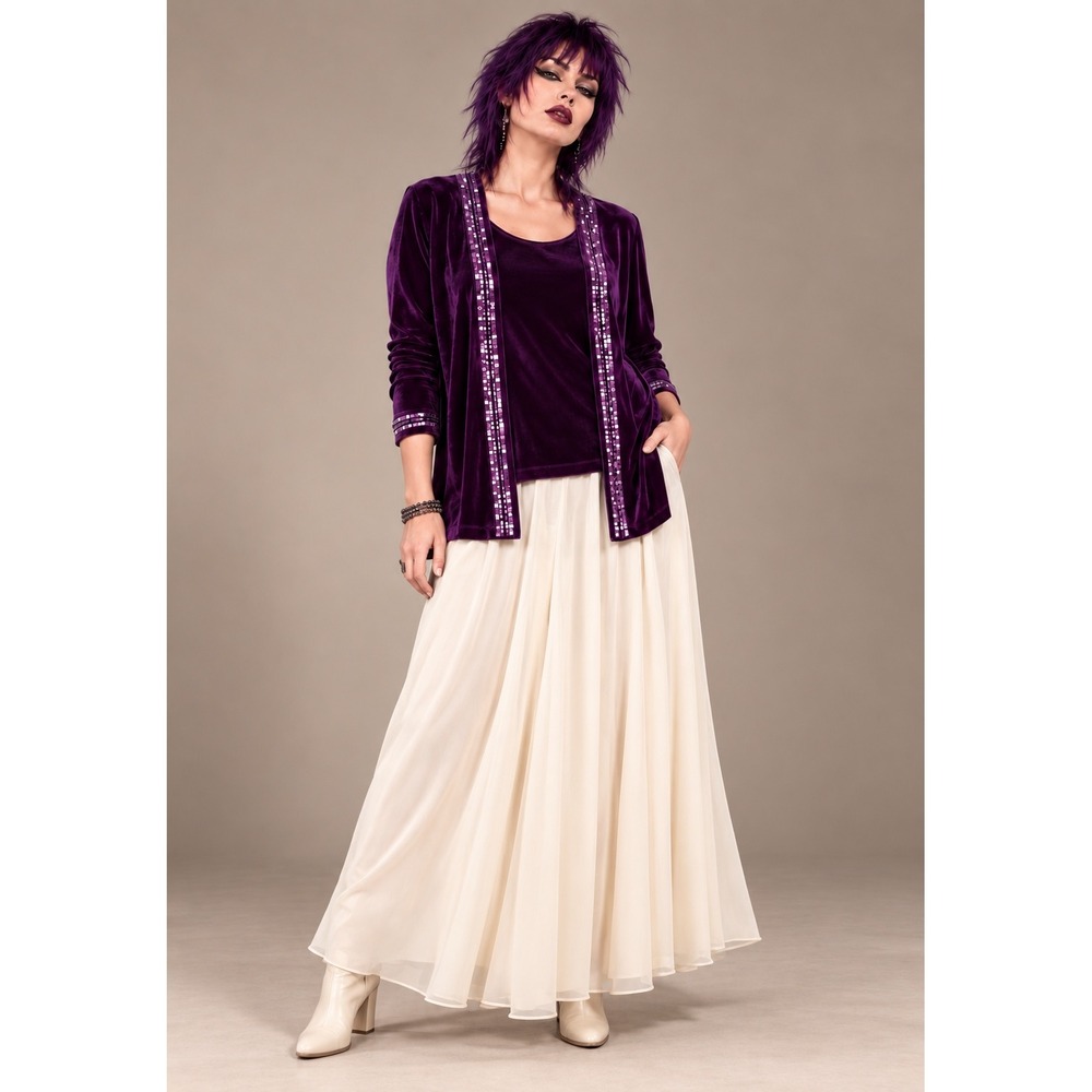 Quacker Factory Womens Purple Velvet Sequin 2pc Set Cardigan Tank Large